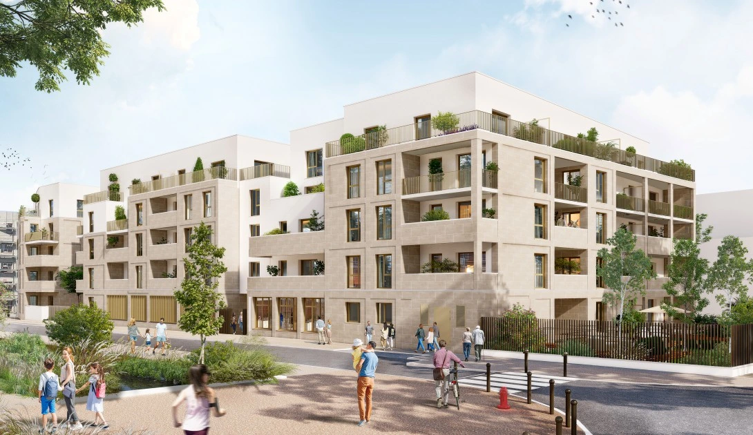 Fayat x Sully Façades rénovées de la copropriété Les Vingt Arpents à Crosne, entourée d'espaces verts