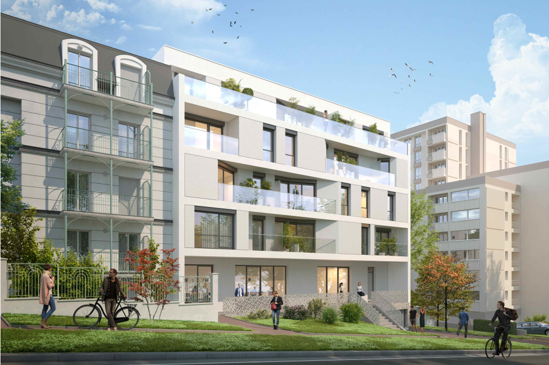 City Life Stefan Architecture Façades rénovées de la copropriété Les Vingt Arpents à Crosne, entourée d'espaces verts